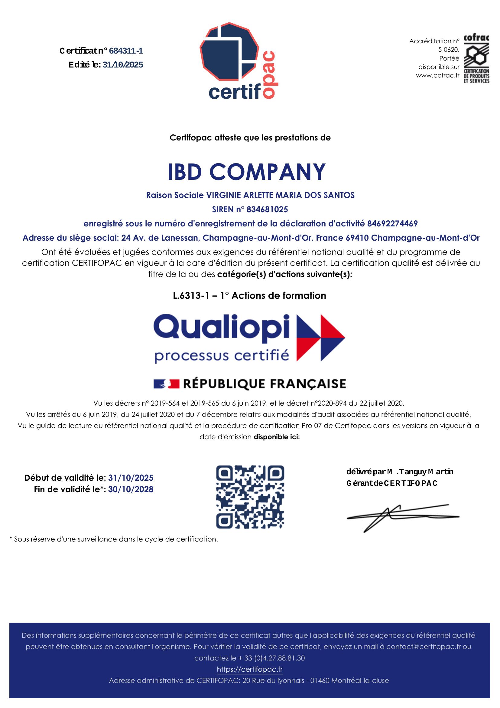 Certificat Qualiopi Ethik Connect Academy — délivré par Certifopac, valide du 31/10/2025 au 30/10/2028